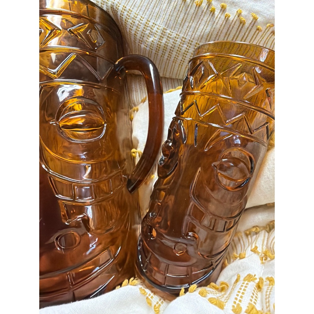 Vintage Amber Tiki Pitcher and Tumbler Set Translucent Plastic Brooks Eckerd - Picture 4 of 6